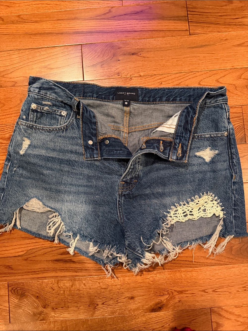 Lucky Brand Distressed Medium Blue Jean Shorts with Crochet Patch
